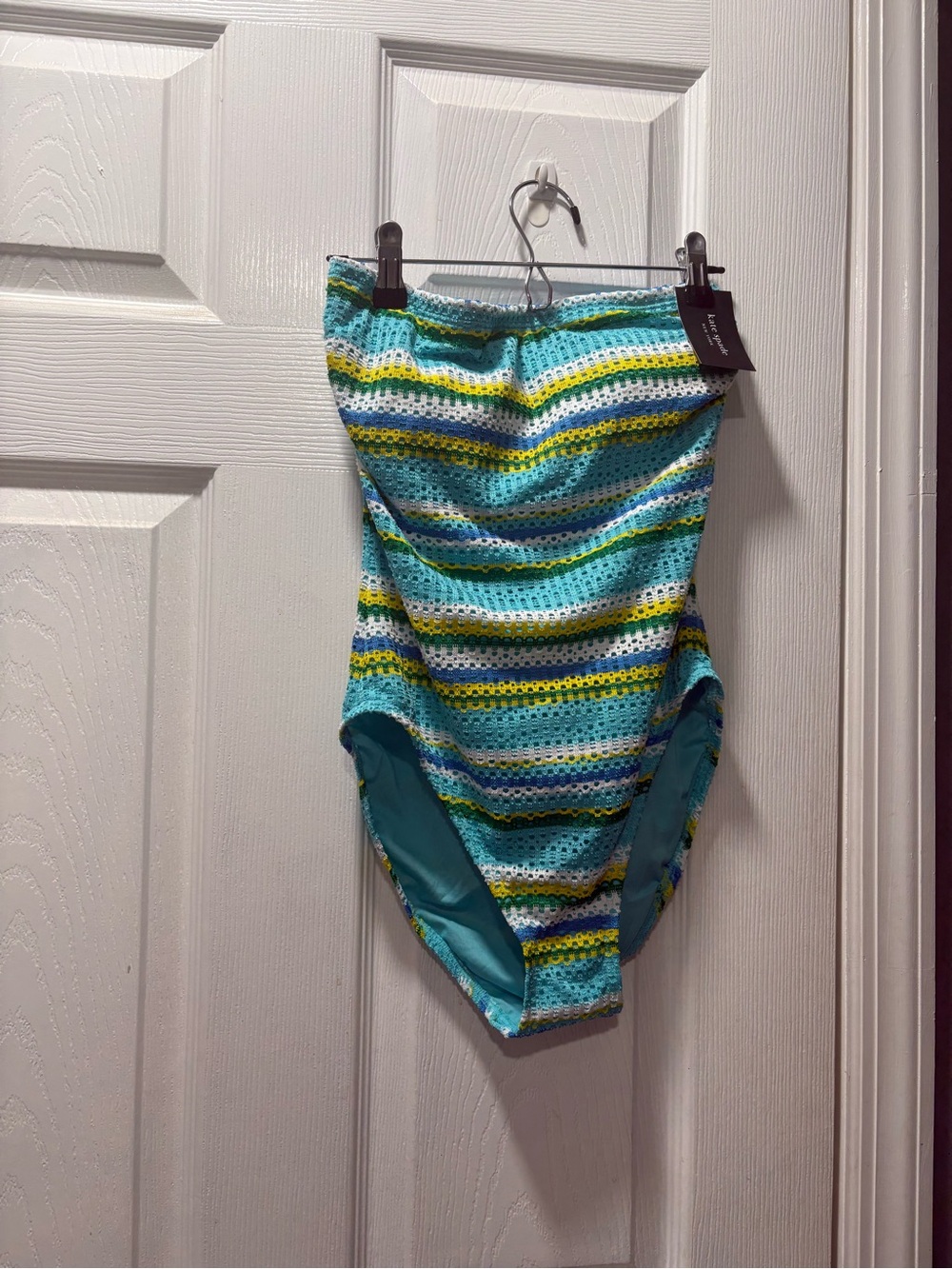 Striped Crochet One-Piece Swimsuit in Teal and Yellow NWT